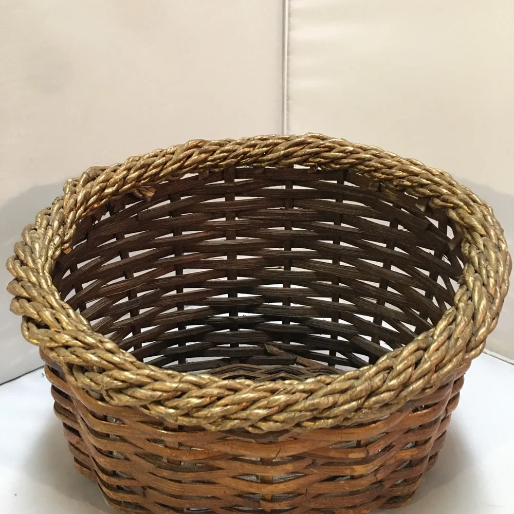 Wicker Storage Basket Unisex OS Brown Gold Trim Oval Woven Decor Cottagecore